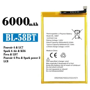 Batterie BL-58BT pour Tecno Pouvoir 4 / Pouvoir 4 Pro/ Spark 6 Air / Spark power 2